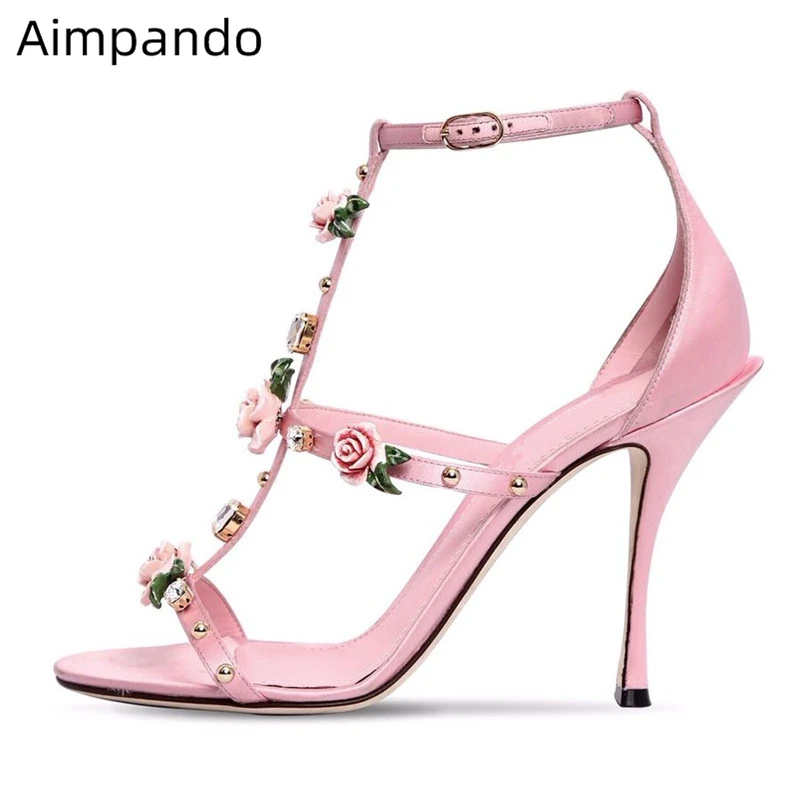 

Fairy Style Handmade Rose Flower Summer Shoes Woman T-strap Open Toe Fretwork Pink Floral Real Leather Gladiator Sandals Women