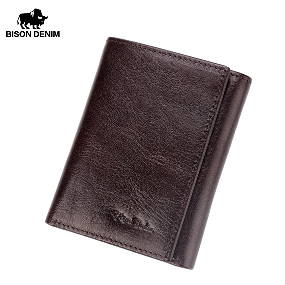 

BISON DENIM Cow Leather Short Wallet Men Triple Fold Male Wallet High Quality Standard Card Holder Wallet Large Capacity W4446