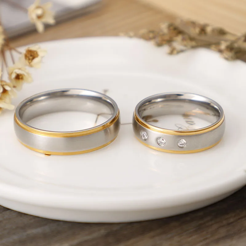 Matte Finished Silver&Gold Color Stainless Steel Couple Rings CZ Stones Wedding Rings for Women Men Anniversary Alliance Jewelry