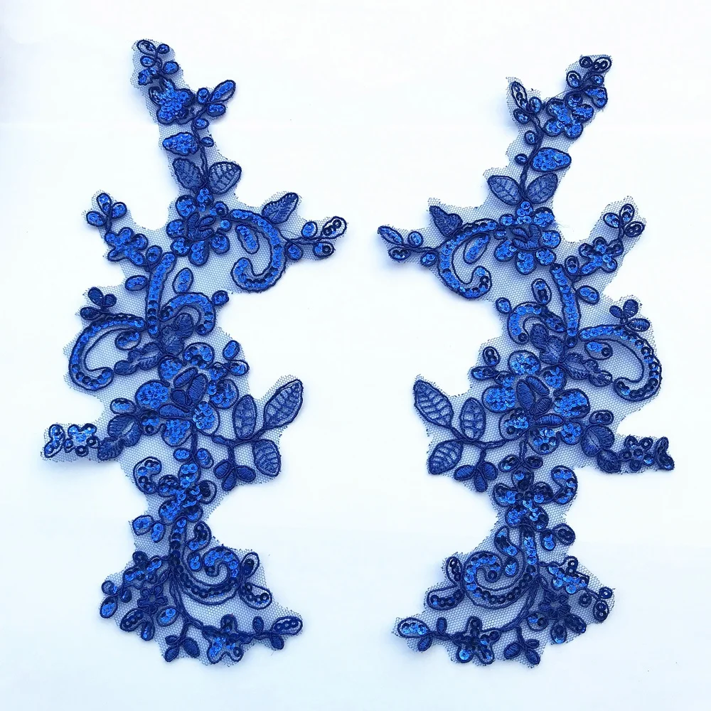ROyal Blue Lace 1 Pair 12x27cm Sequins Embroidery For Wedding Patches