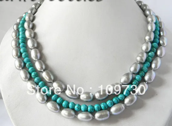 

Jewelry 0012134 3Strands 18'' Round Turquoise & 10mm Gray Freshwater Pearl Necklace