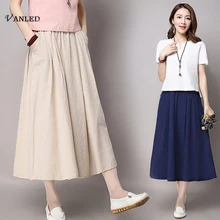 VANLED 2017 New Design Women Cotton Linen Maxi Skirts Summer Elegant Solid Casual Women Long Skirt Breathable Mesh Jupe Hot Z163