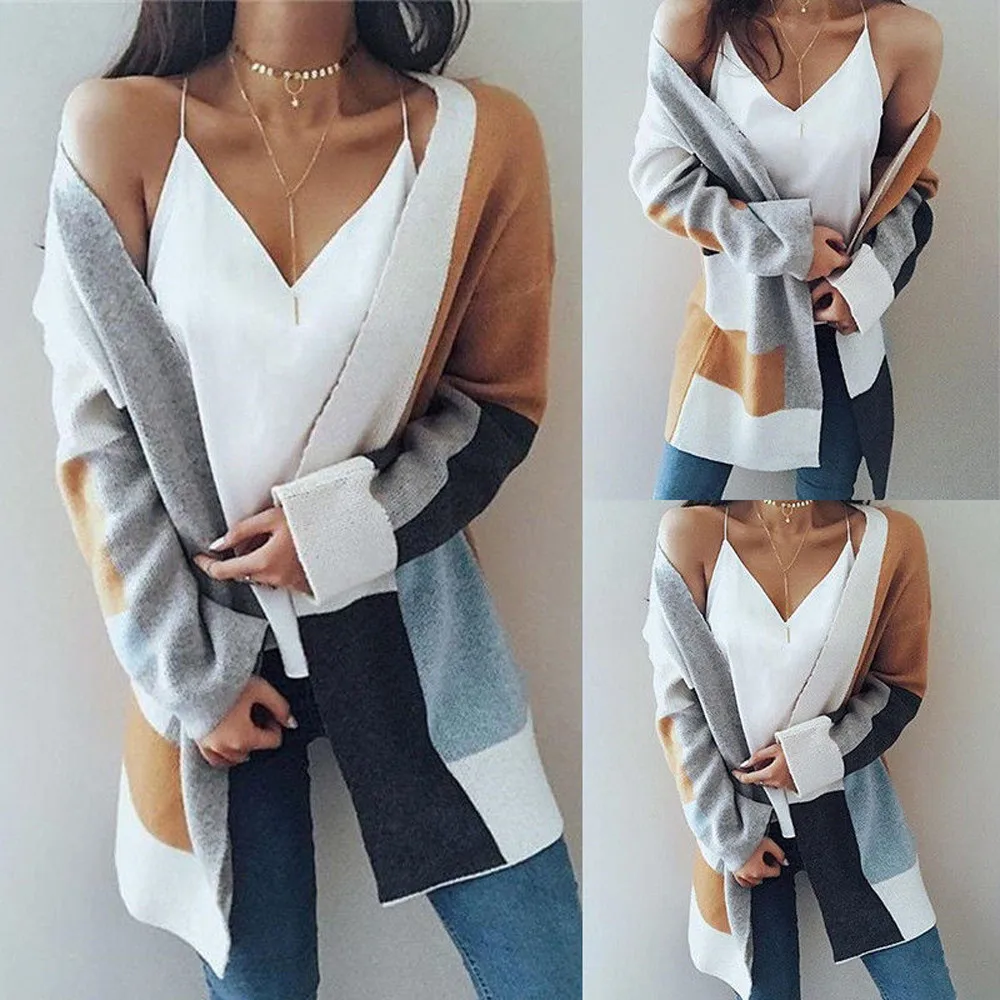 Women Casual Winter Baggy Cardigan Coat Long Chunky Knitted Oversized Patchwork Sweater Jumper Multicolor