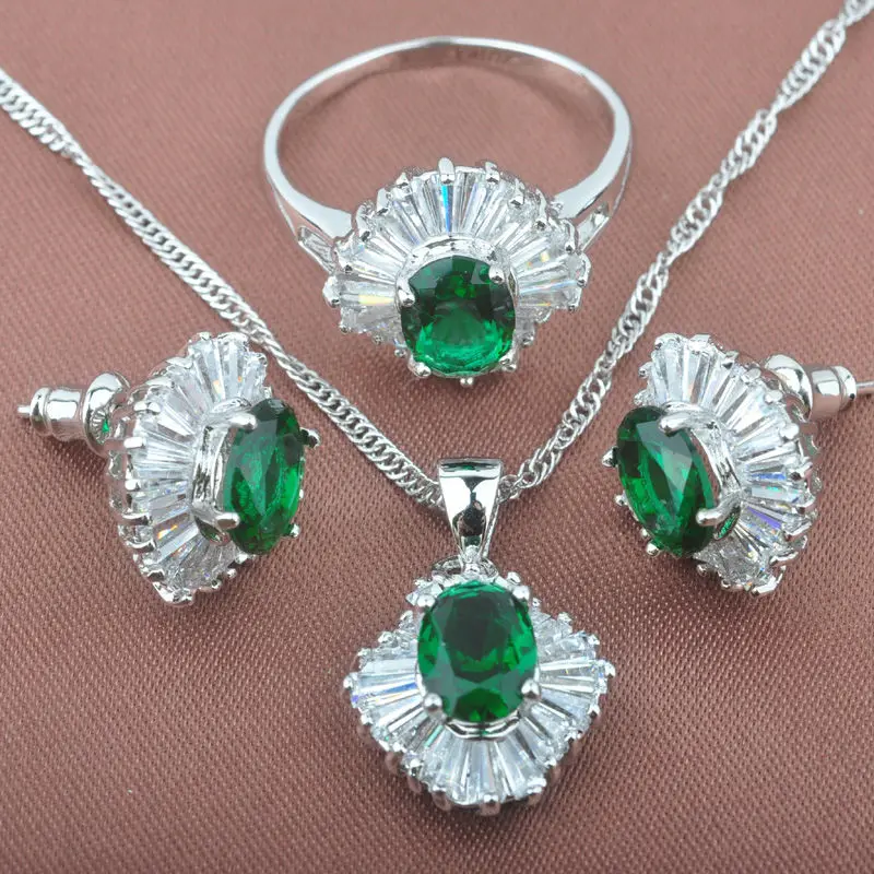 

Exquisite Green Stone Women's 925 Silver Jewelry Sets Necklace Pendant Earrings Rings Free Shipping TS011