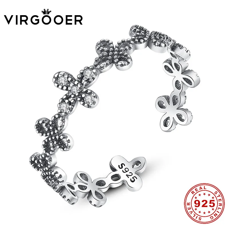 

Virgooer Retro High Quality 925 Sterling Silver Ring Thai Silver Flower Female Crystal Zircon Adjust Open Rings Female Jewelry