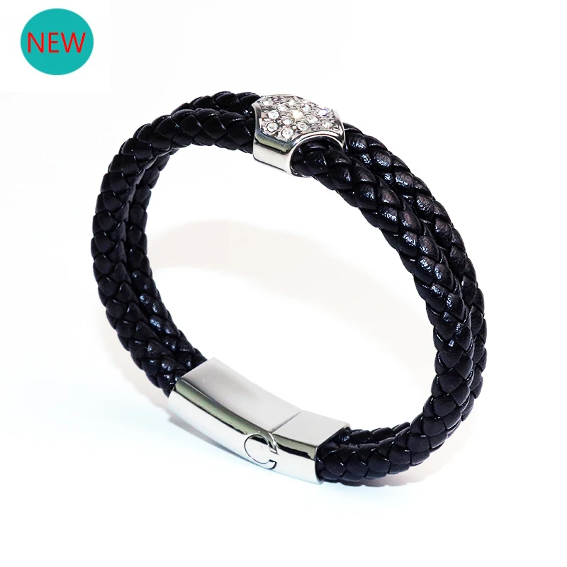 

New Leather bracelet stainless steel button bracelet&bangles high quality double layers leather bracelets for women men BB048