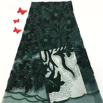 

Dark green 3D lace fabric and 3D sequin applique quality African gauze lace fabric, 2019 Nigerian royal party dress