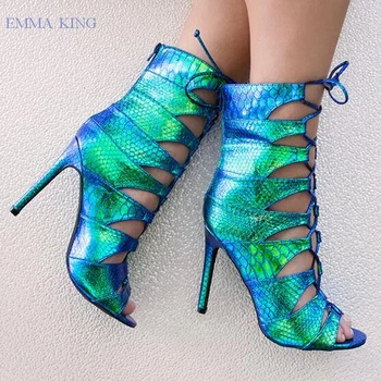 

Fashion Women Fluorescence Ankle Boots Stiletto Heels Open Toe Hollow out Lace-up Botines Mujer Footwear Exquisite Women Shoes