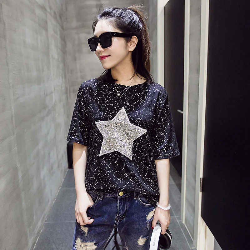 

2019 New Harajuku Star Print Women's T-shirts Summer Short Sleeve Graphic Tee Tops Rhinestone Female Oversized T shirt