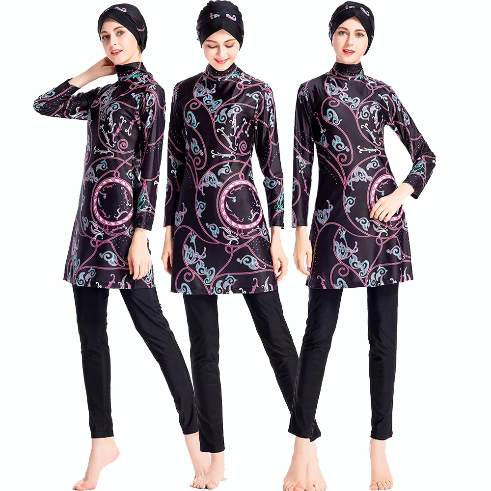Plus Size Muslim Swimwear Women Modest Floral Print Full Cover Swimsuit Islamic Islam Burkinis Beachwear Swimming Bathing Suit