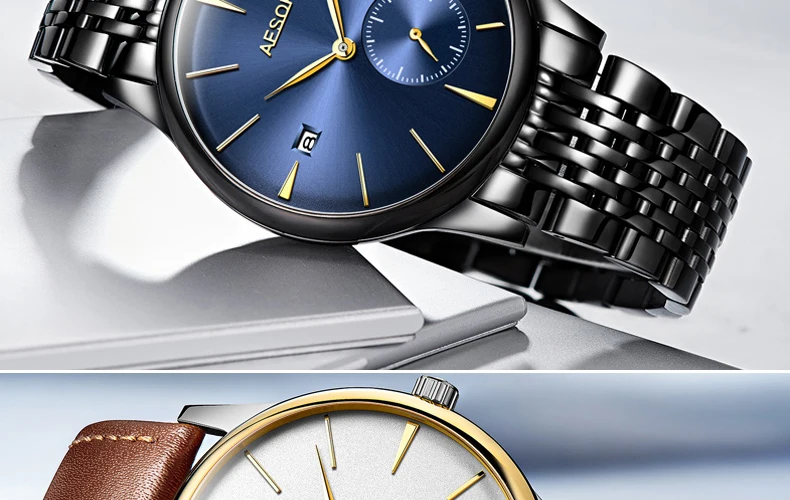 AESOP ультра тонкие 8,5 мм классические простые часы мужские серебристые золотые минималистичные мужские часы полностью стальные часы Relogio Masculino