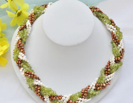 

huij 004531 6Strds WHITE COFFEE BAROQUE PEARL olivine handweaving NECKLACE