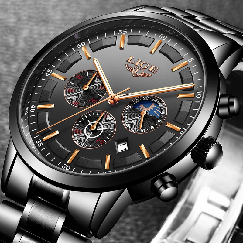 

LIGE Top Luxury Brand Chronograph Calendar Date Men Sports Watches Waterproof Full Steel Quartz Men's Watch Relogio Masculino