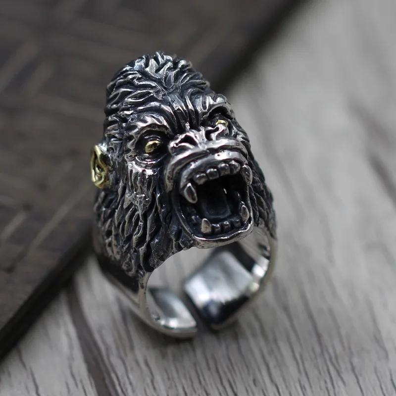 

S925 Sterling Silver Jewelry Thai Silver men's Domineering Ring Retro Personality Monkey Apes Rise Ring