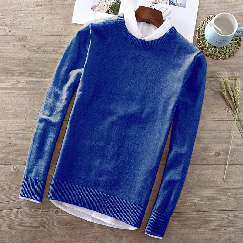 Высокое качество Мужской Осень Длинные рукава свитера с круглым вырезом повседневные мужские сплошной цвет вязаные свитера модные