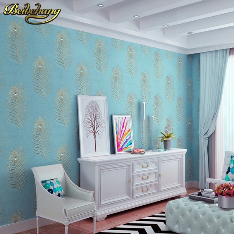 beibehang grade embroidery wallpaper Continental drilling non woven peacock blue feather bedroom living room TV background wal