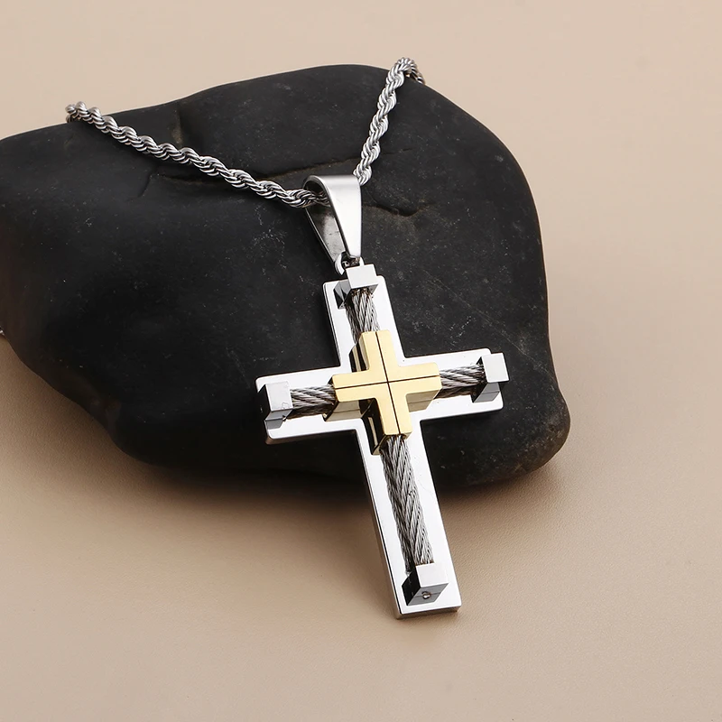 Золотой с серебряной проволочной цепочкой из нержавеющей стали крест крестик подвесной религиозный ожерелье мужские рождественские подарки 4 мм 22 дюйма