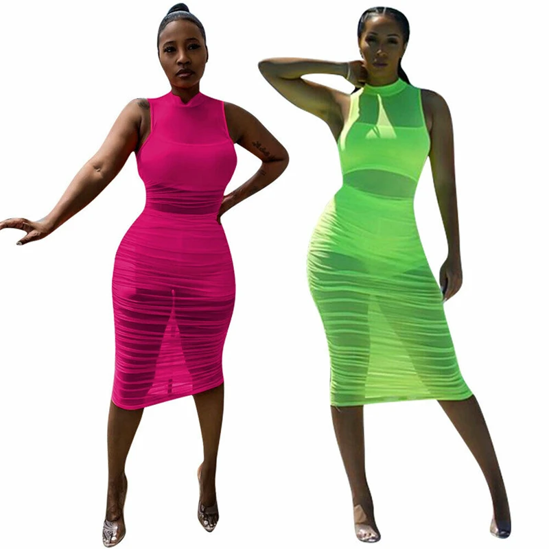 

Neon Green Mesh See Through Sleeveless Dress Bodycon Women Sexy Short Mini Dress Transparent Vestidos Night Club 2XL