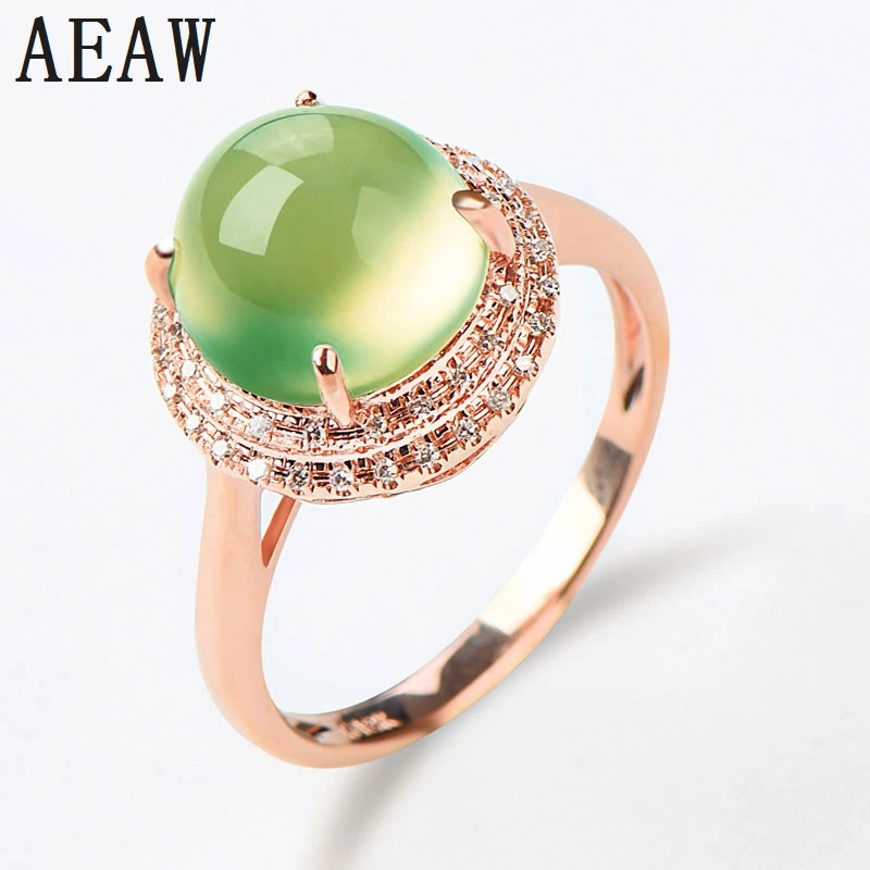 

5ct 10mm Genuine Green Natural Prehnite Gemstone Round Shape Solarite with Moissanite Double Halo 4-Prong 14K Real Rose Gold
