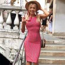 Macheda קיץ נשים סקסי ללא שרוולים חזרה תחרה שמלה לבן ואדום פסים שמלות 2018 חדש מקרית אלגנטי Slim נשים שמלה(China)