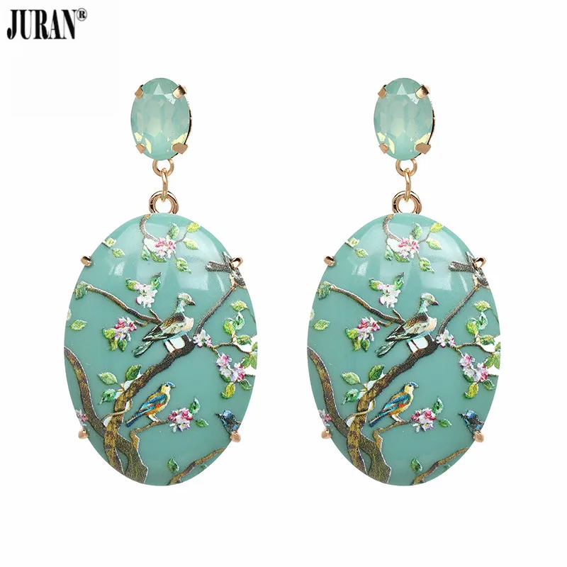 JURAN Long Geometric Resin Pendant Earrings for Women Wedding Rhinestone Dangle Drop Earrings Hand Painted Maxi Jewelry Gift