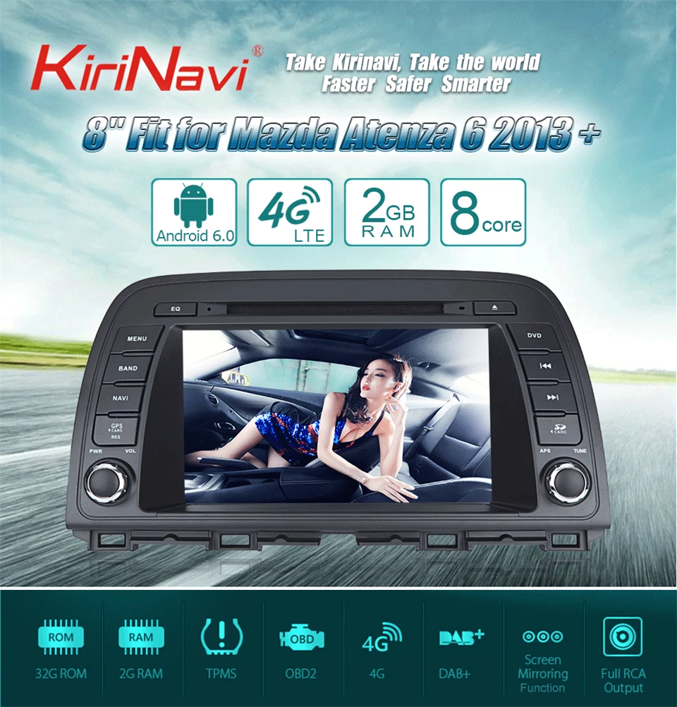 Sale KiriNavi Octa core 10.2" 4G LET android 7 car multimedia system for Mazda Atenza 6 2013 - 2017 support 4K Video 4G 0
