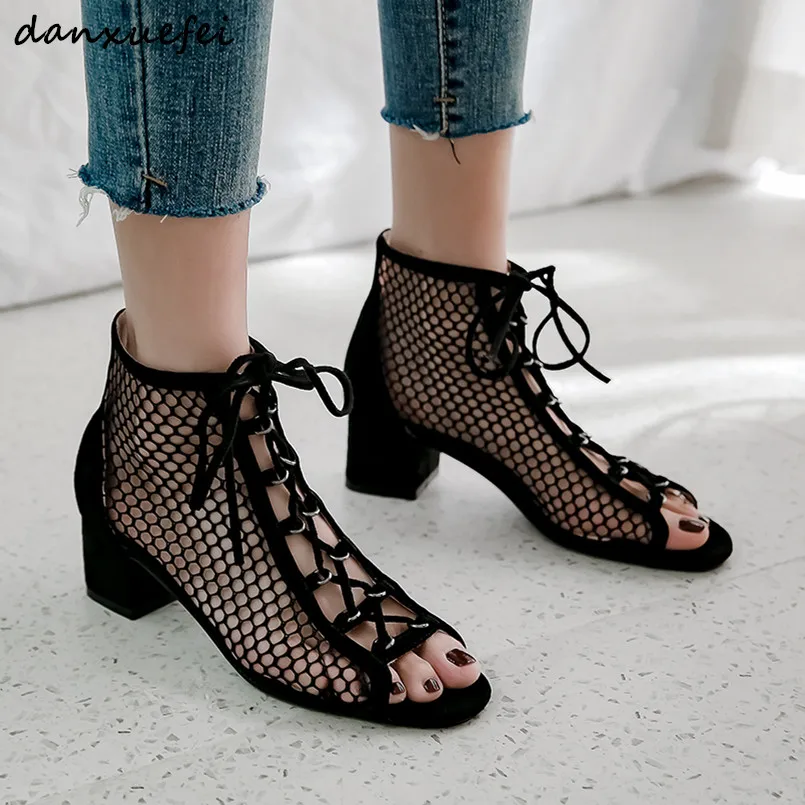 

Women's genuine suede leather mesh patchwork lace-up summer high heel ankle boots cross strap gradiator short booties shoes sale