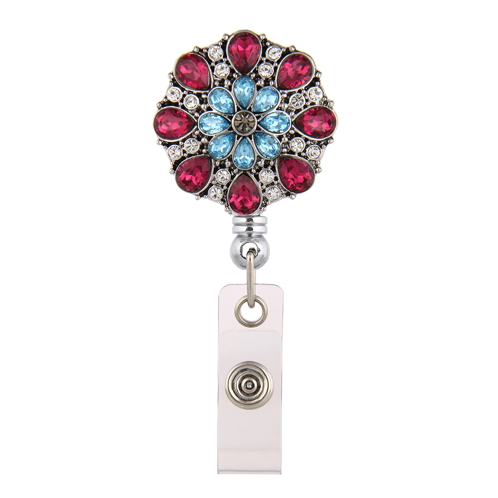 

Legenstar 2019 New Fashion Jewelry Retractable Colorful Rhinestone Flower Business ID Badge Reel Holder with Clip Backin