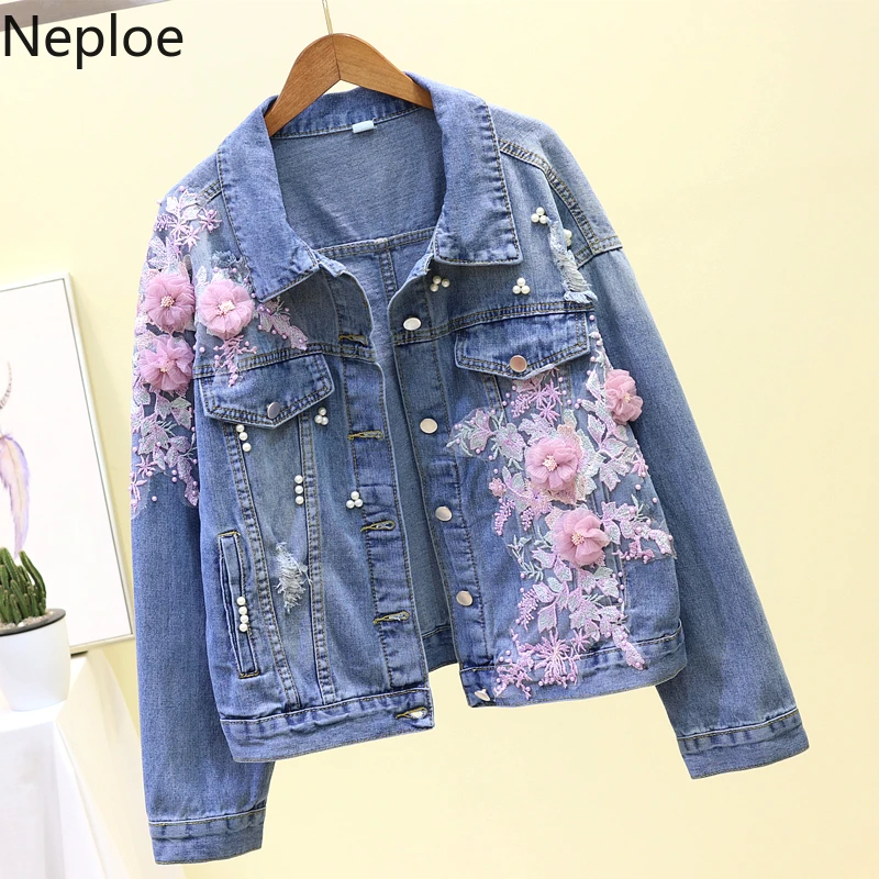 

Neploe Women Fashion Embroidery Cowboy Jean Jackets 2019 New 3D Flower Denim Jacket Female Causal Denim Coat Girls Outwear 52786