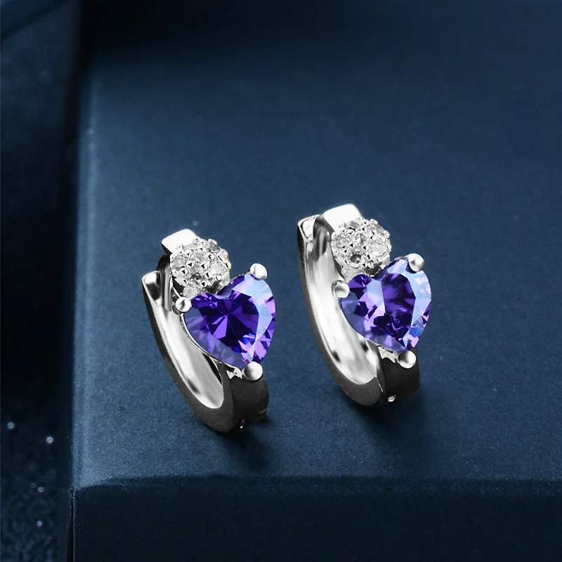 QCOOLJLY удивительный дизайн модные подвески brincos серебряный цвет CZ кубический цирконий фиолетовое сердце серьги-кольца ювелирные изделия горячая распродажа