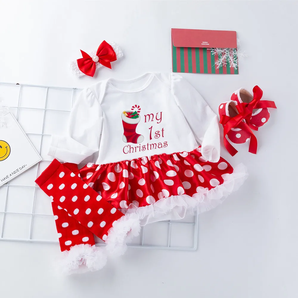 Модный костюмчик для новорожденных 3-18 месяцев, осенне-зимнее рождественское хлопковое Пышное Платье с буквенным принтом для маленьких девочек, платье принцессы, костюм из 4 предметов
