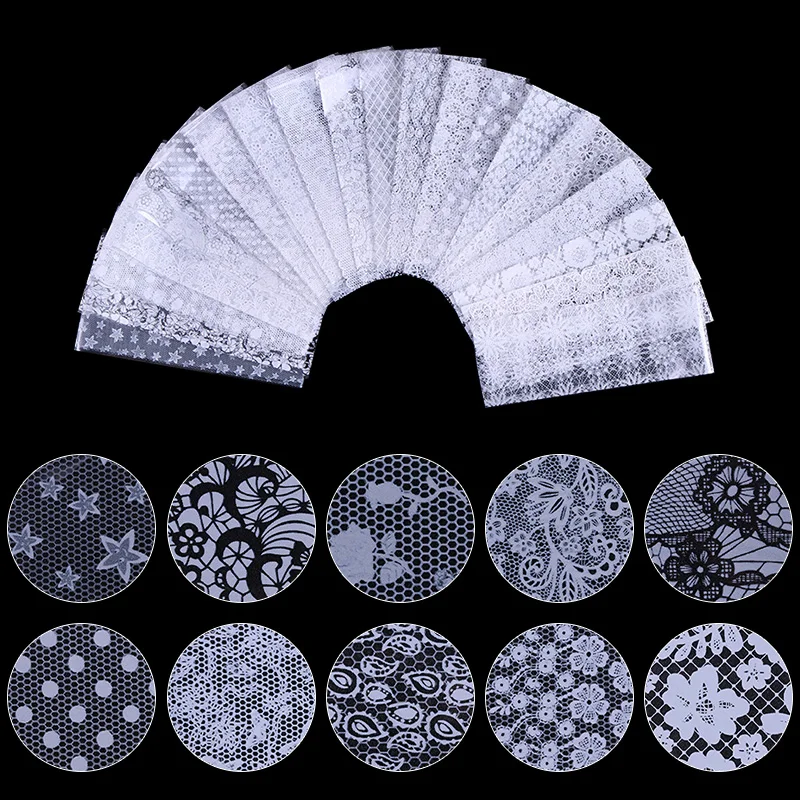 

20Pcs Starry Nail Foils Set 4*20cm White Lace Flower Star Heart Manicure Nail Decoration Water Sticker Nail Tips
