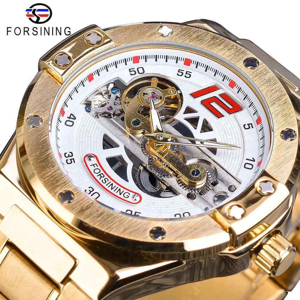 

Forsining Men Watch Automatic Mechanical Golden Bridge Hollow Stainless Steel Band Wrist Watches For Man Luxury Sport Male Clock