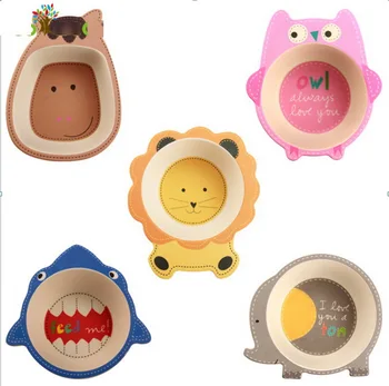 

DHL 100pcs Baby Natural Bamboo Fiber Bowls Cute Cartoon Animal Dishes Baby Feeding Tableware Children Portable Plates