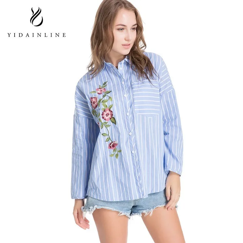 

YIDAinLine2018 New Spring Autumn Women Blouse Flower Long Sleeve Work Shirts Women Office Tops Striped Blouse