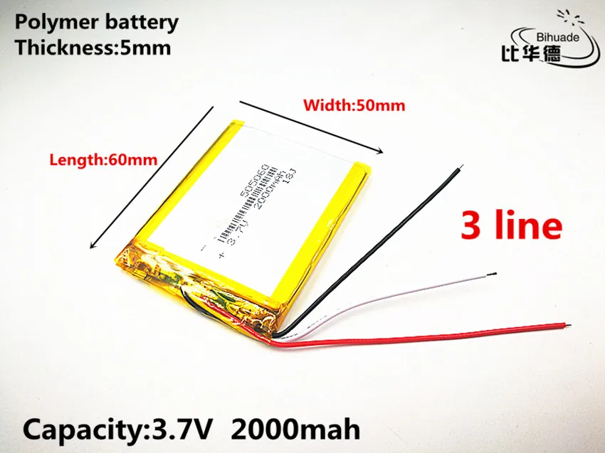 3 линии хорошего качества 3,7 V, 2000 mAH, 505060 полимерный литий-ионный/литий-ионная аккумуляторная батарея для игрушка, портативное зарядное устройство, gps, mp3, mp4