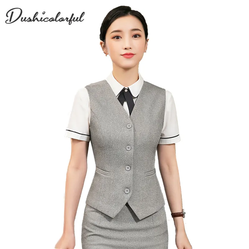 

Women Fashion office lady pocket coat sleeveless vests jacket outwear offic brand WaistCoat business workwear tops gray plus siz