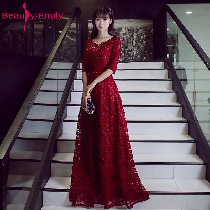 Beauty Emily, сделанные на заказ, Длинные Красные кружевные вечерние платья,, v-образный вырез, ТРАПЕЦИЕВИДНОЕ, короткий рукав, на молнии, платья невесты, платья для вечеринки, выпускного вечера