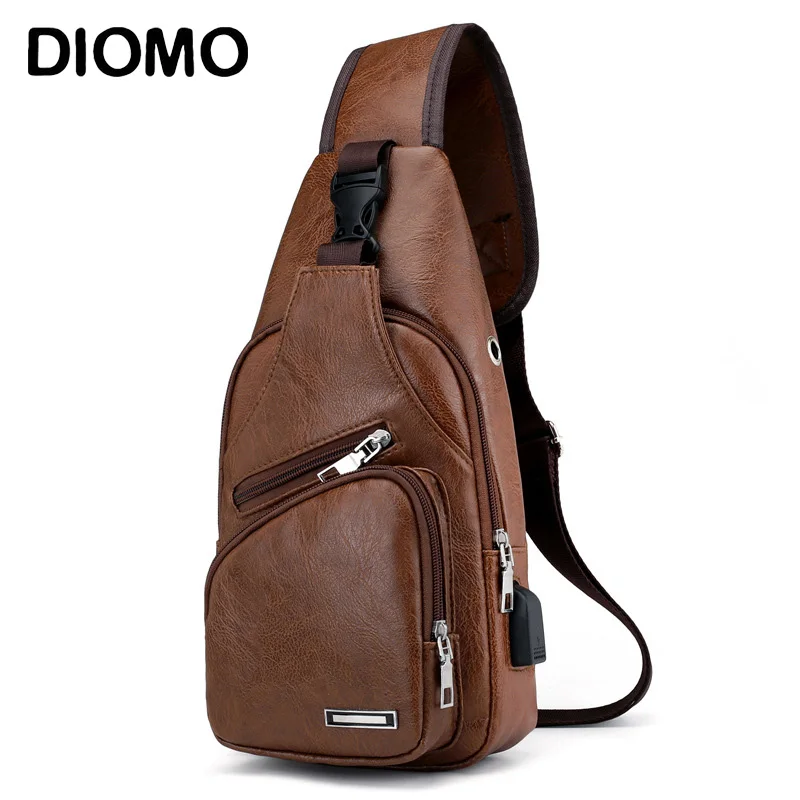 DIOMO слинг сумки для мужчин нагрудная сумка винтажная PU Сумка через плечо с usb-портом для зарядки мужские маленькие сумки через плечо
