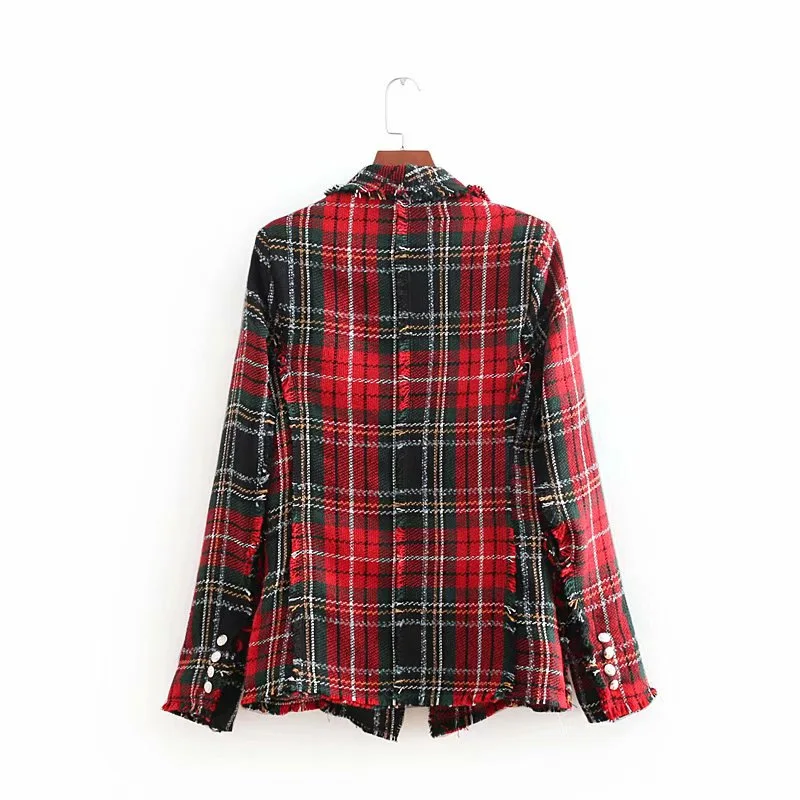Retro Style Women's Twill Soft Tweed Long Fur Coat Fall Women's New Suit Tops Plaid Single Button Office Lady Long Blazer Women