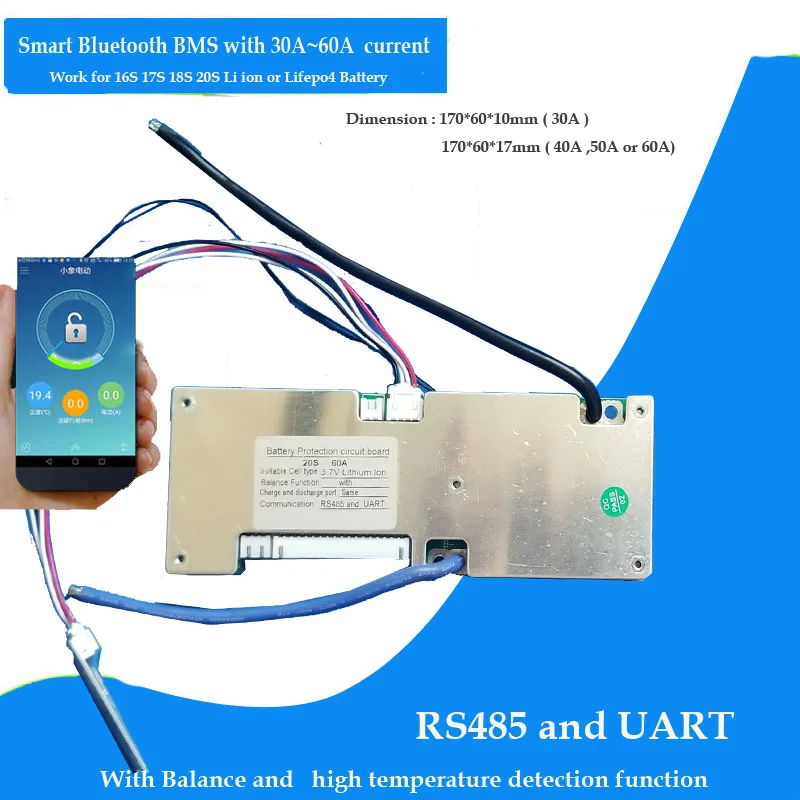 

16S 17S 18S 20S Li ion or Lifepo4 Battery smart Bluetooth BMS with 30A 40A 50A 60A constant working current for 48V 60V 72V