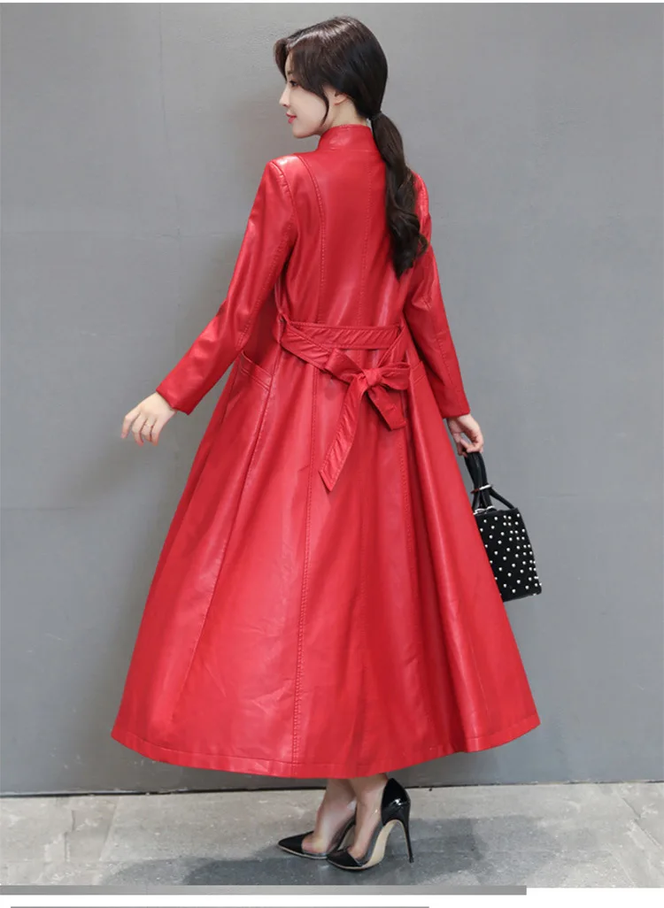 Женская красная черная длинная куртка из искусственной кожи, Осенний женский плащ из искусственной кожи, женская верхняя одежда с поясом размера плюс 4XL