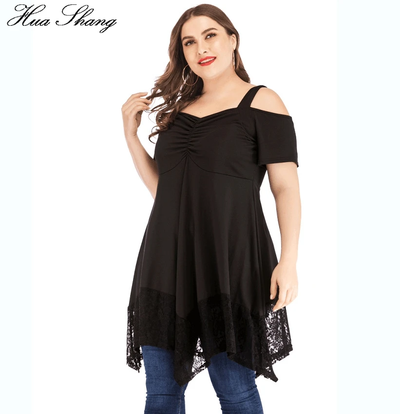 

Plus Size Blouse Short Sleeve Women Summer Cold Shoulder Strap Blouse Elegant Lace Patchwork Irregular Long Blouses Tunic Tops
