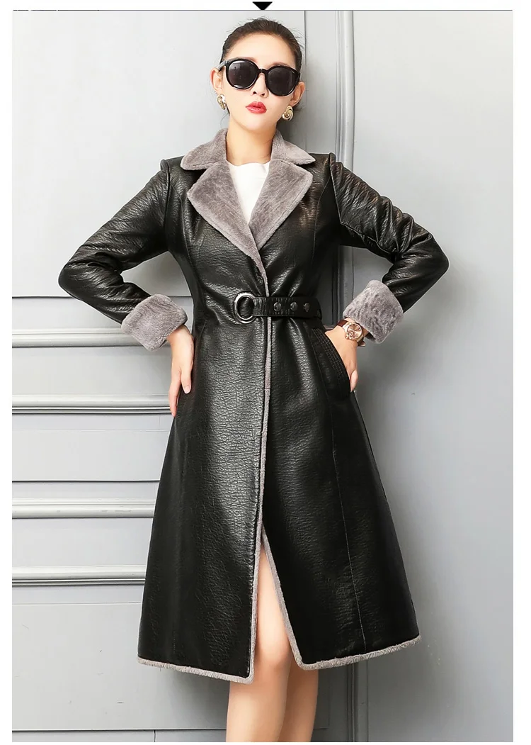 Женское зимнее пальто из натуральной кожи с отложным воротником, длинная верхняя одежда, пальто из натуральной овчины, Кашемировое Женское пальто, M-4XL, G761