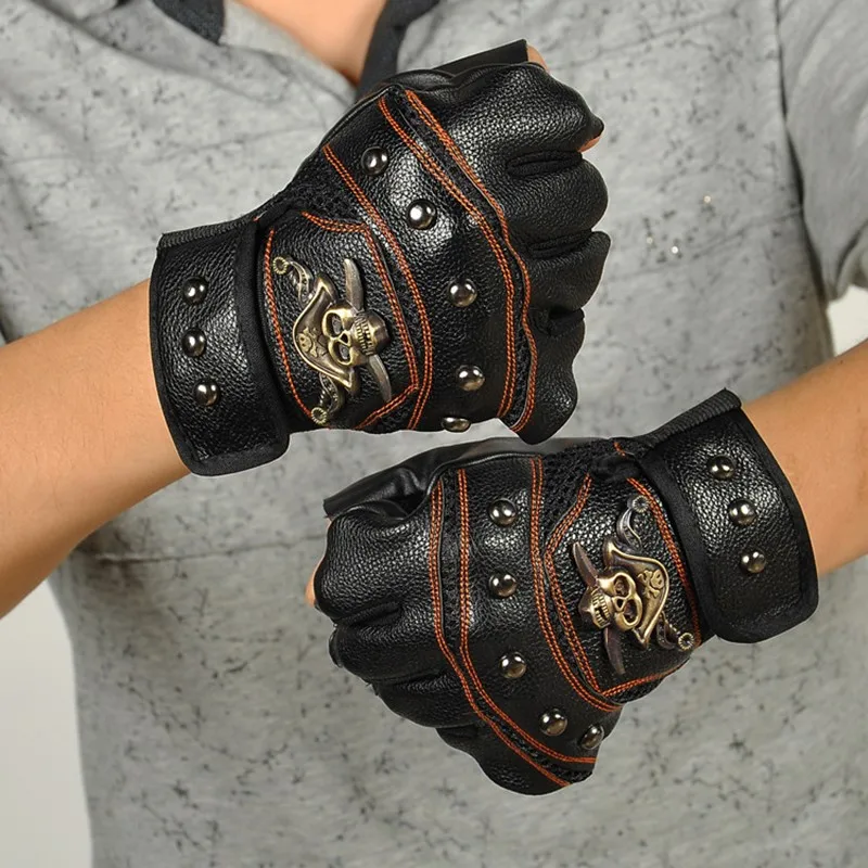 JIAZHOUHU Skulls Rivet PU Leather Fingerless Gloves Men Women Fashion Hip Hop Women's Gym Gloves Half Finger Men's Gloves