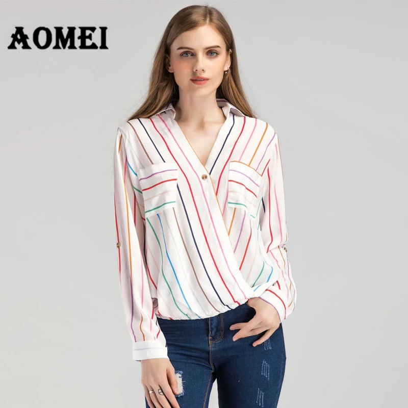 Office Ladies Tops Shirt Blouses Girl Striped Work Wear