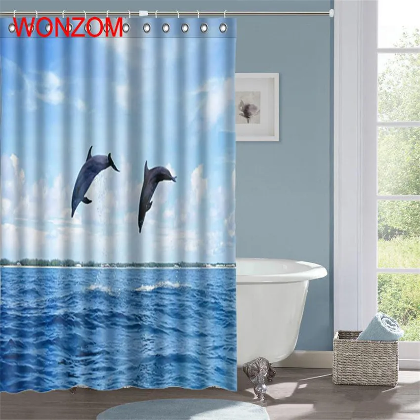 

WONZOM Swan Polyester Curtains with 12 Hooks For Bathroom Decor Modern Dolphin Bath 3D Waterproof Curtain 2018 New Accessories