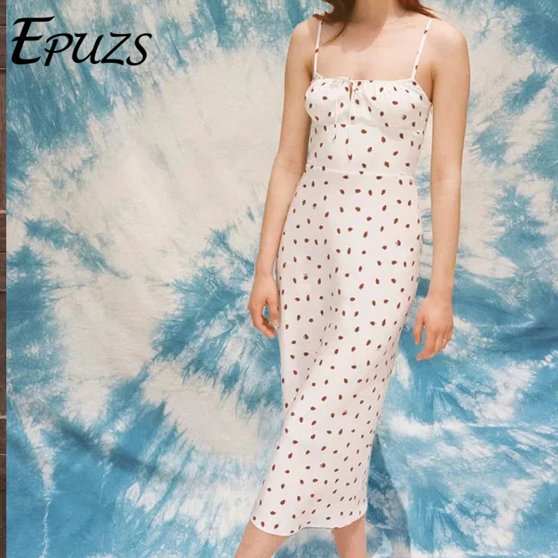 

kawaii Strawberry print long dress women summer dress korean spaghetti strap white beach party dress 2019 vintage vestidos