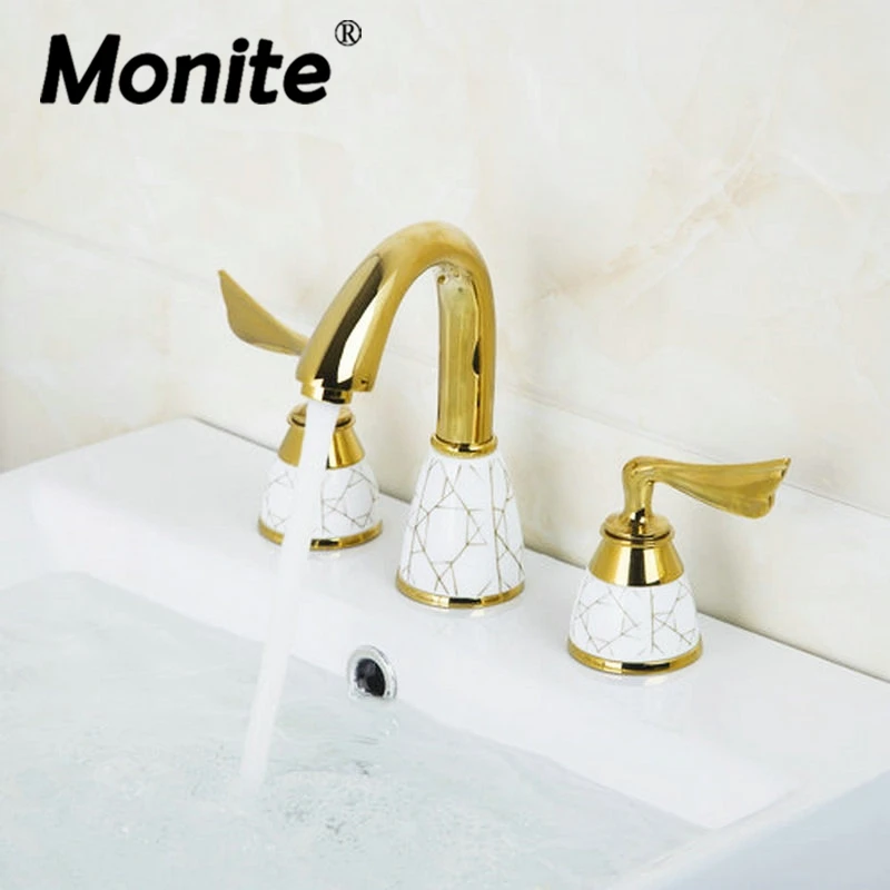 

Monite Luxury Golden 3 Pcs Double Handles Deck Mounted Bathroom Bathtub Torneira Basin Sink Brass Faucet Mixer Taps