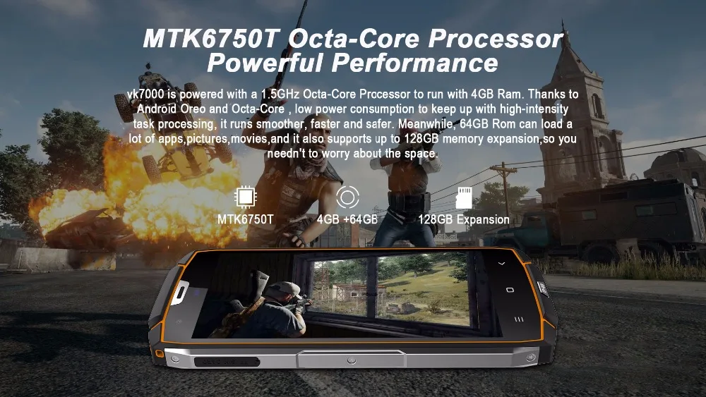 Vkworld VK7000 водонепроницаемый смартфон с IP68 5,2 "mtk6750t восемь ядер Android 8,0 5600 мАч 4 ГБ Оперативная память 64 ГБ Встроенная память 13mp Face ID мобильного